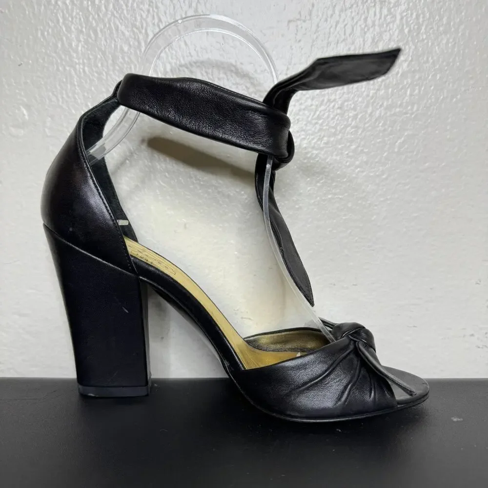 Coach Black Leather Peep-Toe Heels, Ankle Tie, 3.5